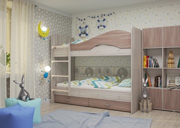 Детская 2-этажная кровать Мая с 2 ящиками на щитах, корпус Шимо светлый, фасад Шимо темный в Кирове