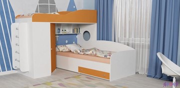 Кровать-чердак в детскую Кадет-2 с металлической лестницей, корпус Белое дерево, фасад Оранжевый в Кирове