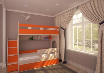 Двухэтажная детская кровать Юниор-1 с бортом, каркас Дуб, фасад Оранжевый в Кирове