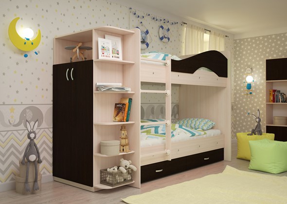 Двухэтажная детская кровать Мая на щитах со шкафом и ящиками, корпус Млечный дуб, фасад Венге в Кирове - изображение