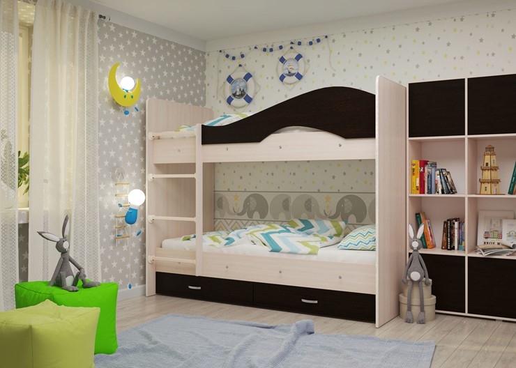 Детская  двухъярусная кровать Мая с 2 ящиками на щитах, корпус Млечный дуб, фасад Венге в Кирове - изображение 1
