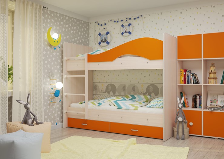 Детская двухъярусная кровать Мая на щитах со шкафом и ящиками, корпус Млечный дуб, фасад Оранжевый в Кирове - изображение 1
