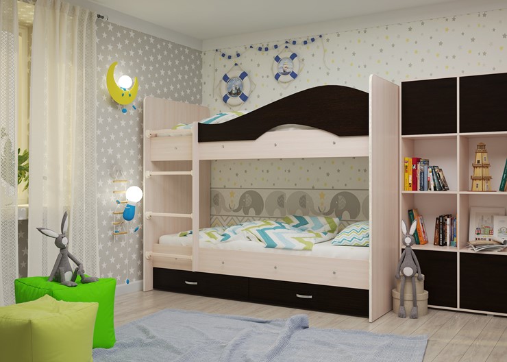 Двухэтажная детская кровать Мая на щитах со шкафом и ящиками, корпус Млечный дуб, фасад Венге в Кирове - изображение 1