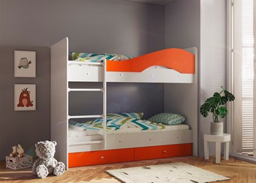 Детская двухэтажная кровать Мая с 2 ящиками на щитах, корпус Млечный дуб, фасад Оранжевый в Кирове - предосмотр