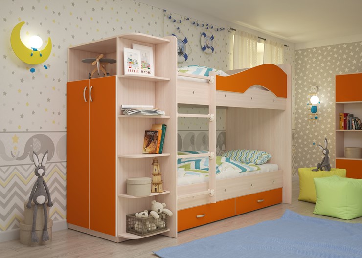 Детская двухэтажная кровать Мая с 2 ящиками на щитах, корпус Млечный дуб, фасад Оранжевый в Кирове - изображение 1