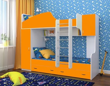 Детская двухэтажная кровать Юниор-2, каркас Белое дерево, фасад Оранжевый в Кирове