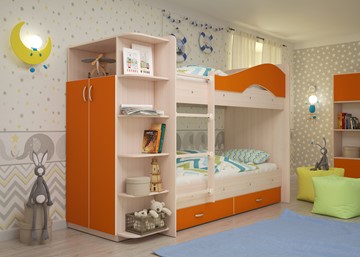 Детская двухъярусная кровать Мая на щитах со шкафом и ящиками, корпус Млечный дуб, фасад Оранжевый в Кирове